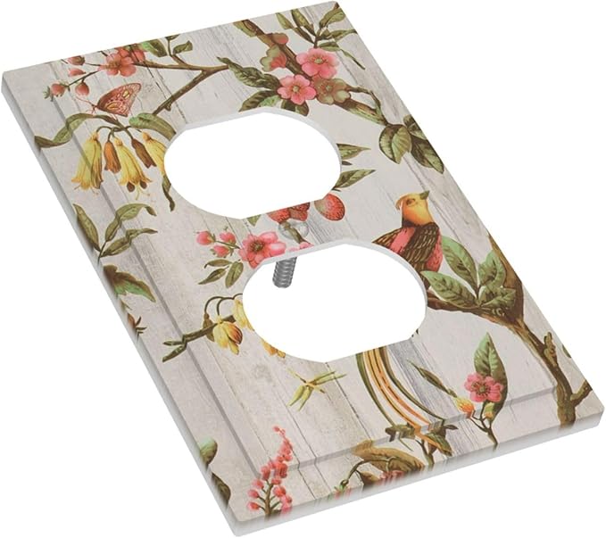Flowers Bird Tree Retro Spring Floral Branch 1 Gang Duplex Outlet Covers Light Switch Cover Decorative Electrical Switchplate Oriental Chinese Landscape Drawn Faceplate for Bathroom Bedroom Home Decor