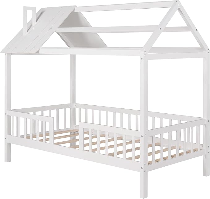 Bellemave Twin House BedFrame with Roof, Montessori Floor Bed, House Bed with Rails for Kids, White
