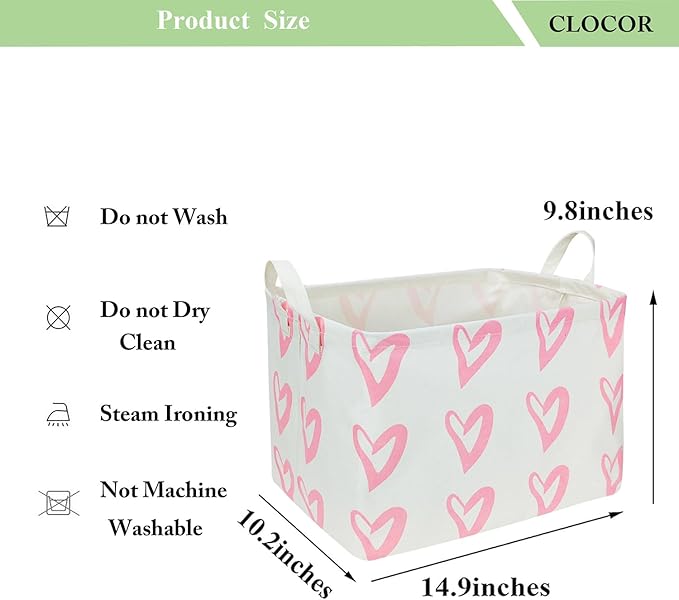 CLOCOR Rectangular Pink Heart Basket Empty, Storage Bin, Waterproof Book Box with Handles, Gift Basket(Pink Heart)