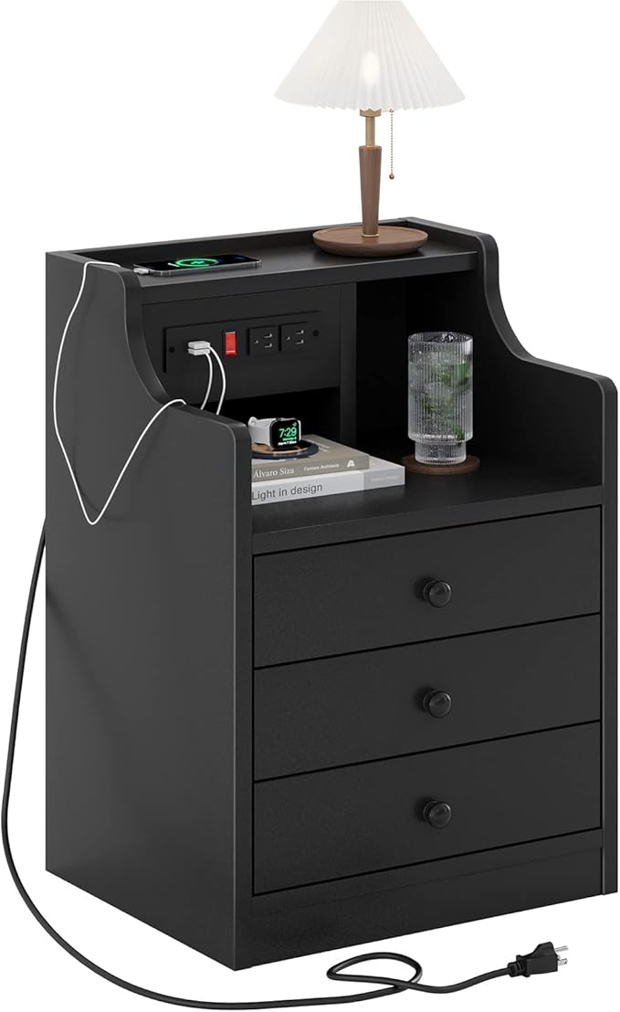 ADORNEVE Nightstand with Charging Station,Black Night Stand for Bedroom,End Table with Hutch & Storage Drawers