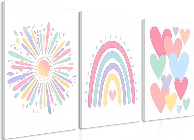 Dytial 3 Piece Toddler Girl Room Decor, Rainbow Wall Decor for Girls Bedroom, Colorful Boho Sunshine Paintings for Nursery Decor, Kids Room Wall Decor, Classroom Decoration 12x16 Inch