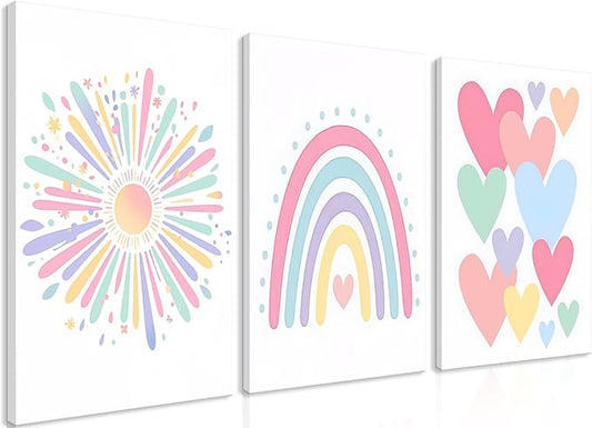 Dytial 3 Piece Toddler Girl Room Decor, Rainbow Wall Decor for Girls Bedroom, Colorful Boho Sunshine Paintings for Nursery Decor, Kids Room Wall Decor, Classroom Decoration 12x16 Inch