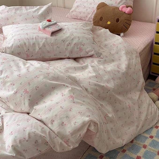 Striped Duvet Cover Queen Size Pink Floral On White Bedding Set with Bow Pattern 3 Pieces Kids Boys Girls Cute Bowknot Reversible Princess Style Soft Duvet Cover Set with Zipper Closure