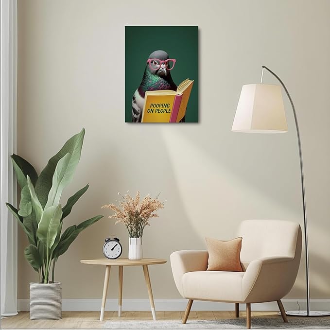 Funny Pigeon Humorous Bird Reading Book Lovers Gifts Poster Wall Decor Canvas Wall Art Framed Artwork Bookworm Posters Painting for Home Library Office Study Bedroom Decorations 11.5X14.5 Inch