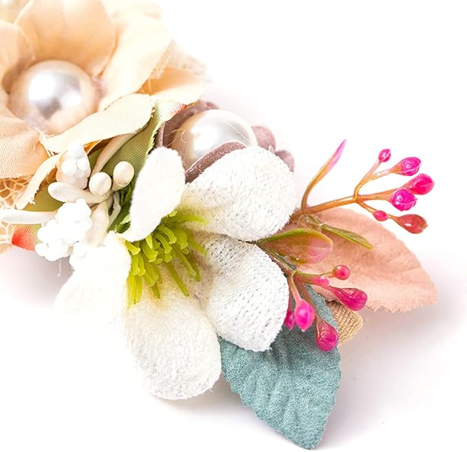 Wiwpar Flower Crown Headband Bead Headwear Elastic Adjustable Head Piece Girl's Hairbands for Toddler and Childrens (Ivory)