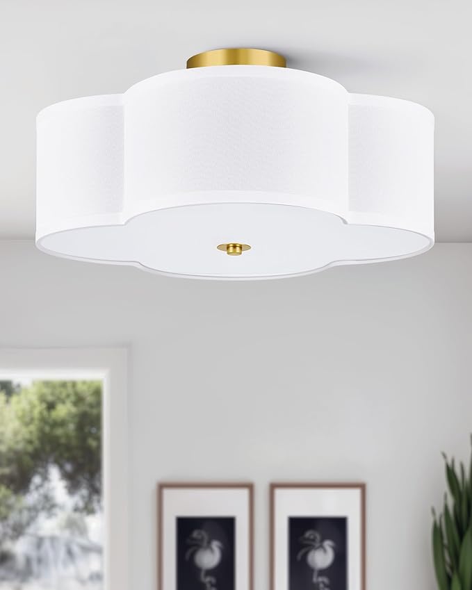 VONLUCE Semi-Flush Mount Ceiling Light, 15.8" Modern 4-Light Ceiling Light Fixture with White Clover-Shaped Shade 4 E26 Sockets for Bedroom Entryway Living Room, Gold Finish, ETL Certificated