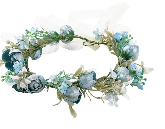 DreamLily Girls Camellias Flower Crown Birthday Photo Pops Hair Wreath Wedding Festival Floral Headpiece XM11 (Blue)