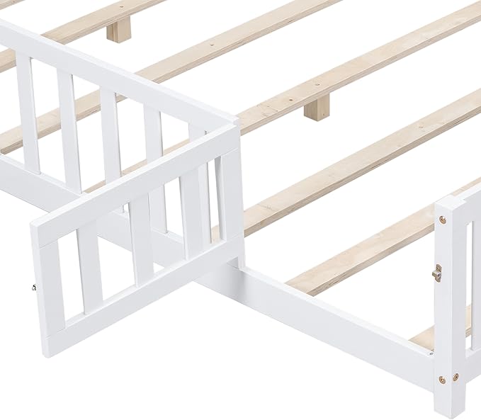 Full Size Floor Platform Bed with Fence and Lockable Door, Wood Montessori Bed Frame with Slat Support for Kids,Girls,Boys, Easy to Assemble,White