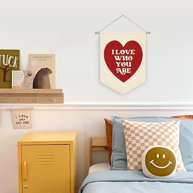 I Love Who You Are Wall Hanging Pennant Flag Banner, Red Heart Decor, Trendy Gift for Nursery Baby Kids Girl Boy Teen Bedroom Playroom Front Door