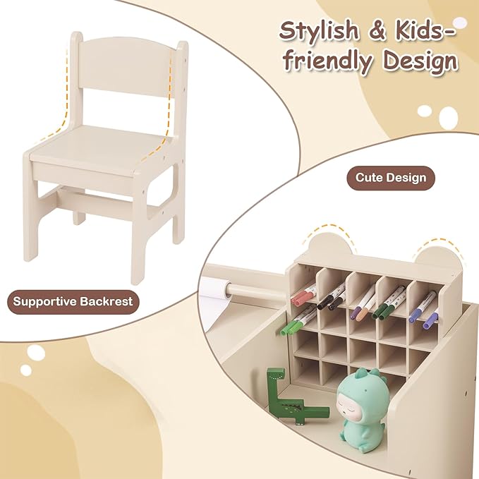 Costzon Kids Desk and Chair Set, Art Activity Desk Set with Detachable Paper Roll Holder, Cubby Cabinet, and Multiple Storage Space, 2-in-1 Toddler Table and Chair for Painting, Studying (Beige)