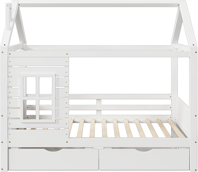 Full Size House Bed for Kids with 2 Storage Drawers, Full Playhouse Bed Frame with Roof and Window, Kids Full Size Bed Frames with Slats, Modern Wooden Montessori Bed for Bedroom, Full-White