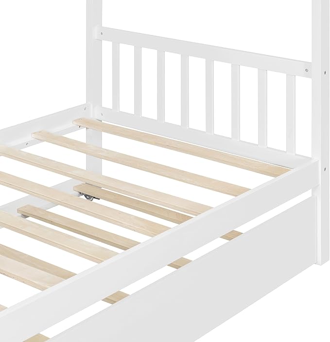 Harper & Bright Designs Twin House Bed for Kids, Wood Platform Bed with Trundle, Montessori Bed with Roof, Playhouse Trundle Beds for Kids,Teens, Bedroom, White