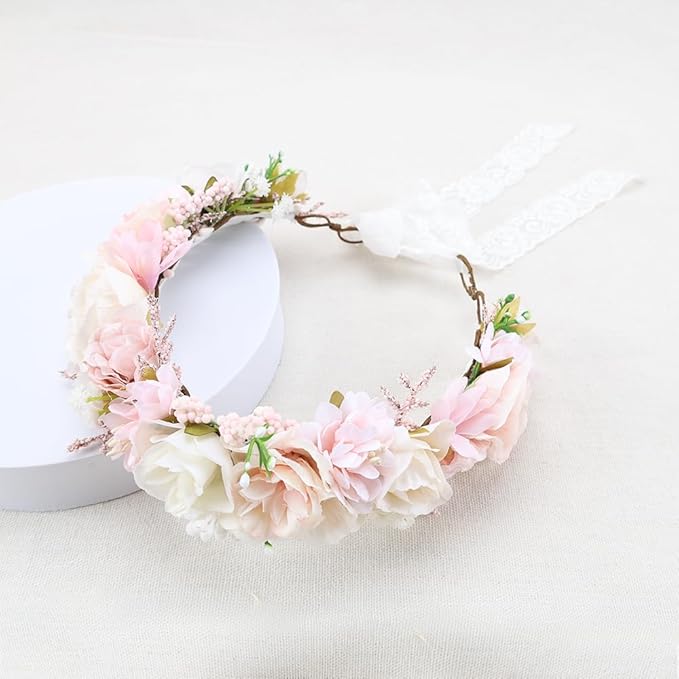 Flower Crown for Girls Birthday Party Children Floral Headpiece Kids Headband Wedding Holo Hair Accessories Photo Prop Soft Pink Headband