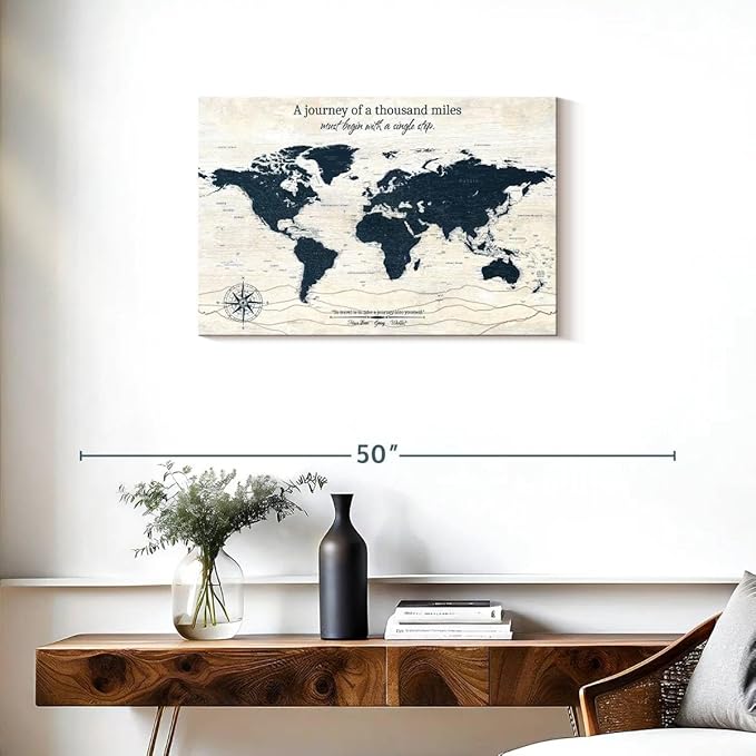 ElephantStock - A Journey I Push Pin World Map Wall Art - Horizontal Canvas Wall Art - Living Room Wall Decor - Digital Art Map Canvas Art - Blue And Beige Decor - 30" x 20"
