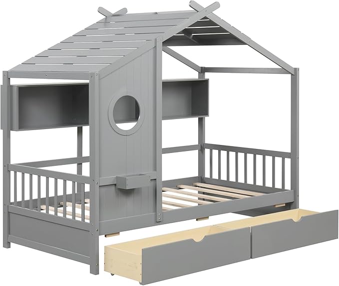 KOMFOTT Twin Size Wood House Bed with 2 Drawers, Wooden Bed Frame with Cube Storage & Fence Rails, Wooden Platform Twin Bed Frame with House-Shaped Roof for Bedroom, No Box Spring Needed (Grey)