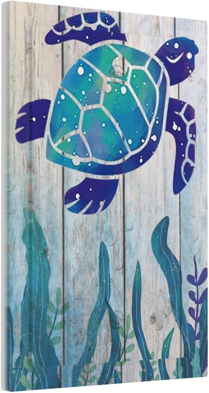 Sea Turtle Grass Seaweed on Rustic Wooden Board 1 Gang Light Switch Cove No Device Wall Plate Decorative Unused Blank Ocean Grass Seaweed Outlet Cover and Switch Plate for Bathroom Bedroom Home Decor