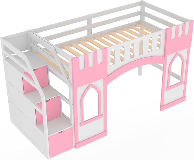 Playhouse Design Twin Size Loft Bed with Storage Staircase and Windows, Solid Wood Loft Bed Frame with Safety Guardrail for Kids Teens Boys Girls, Space-Saving (Pink-3)