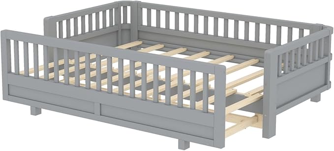 KEIKI Solid Wood Expandable Twin XL Size Floor Bed for Kids with Guardrails, Can Be Converted into a Queen Bed Platform, Montessori Low Profile Bedframe Daybed for Girls Boys, No Box Spring Needed