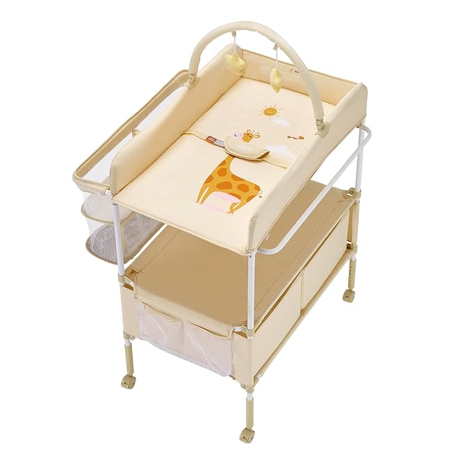 VEVOR Baby Changing Table, Adjustable Height Diaper Change Station with 2 Fabric Drawers, Side Basket and Hanging Rod, Foldable Changing Table with Lockable Wheels and 2 Star Toys, Light Beige