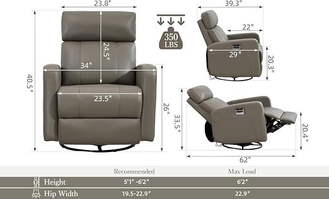 Genuine Leather Power Swivel Recliner Chair, Glider Electric Rocking Chair for Adults. Nursery Rocker Sofa Chair with Adjustable Headrest for Living Room. Wireless Charging/Type-C&USB, Grey