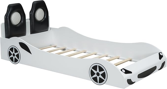 Harper & Bright Designs Wood Twin Size Race Car-Shaped Platform Bed with LED and Upholstered Backrest, White