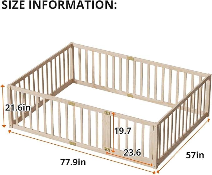 LLS Full Size Floor Bed with 21.6" High Fence for Kids Boys Girls, Solid Wood Multifunctional Montessori Bed Frame with Door, Without Slats, Natural