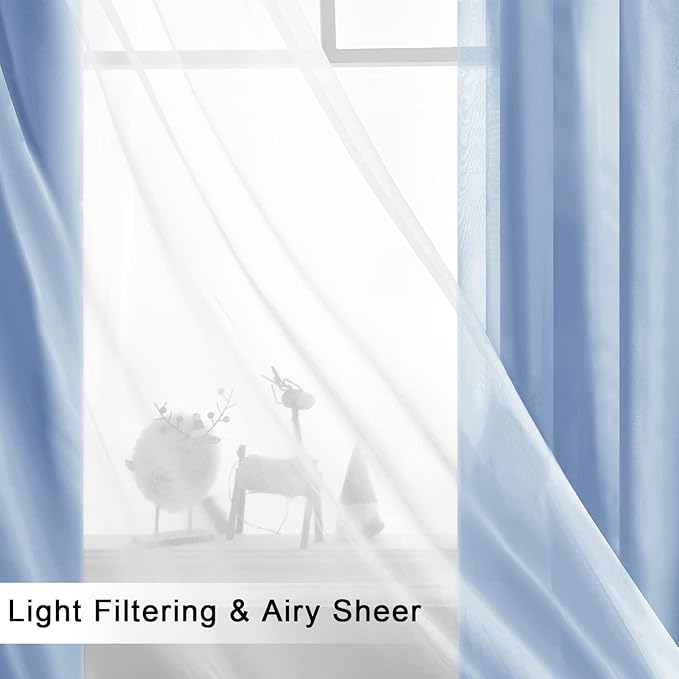 Hiasan Blackout Curtains with Sheer Overlay, Grommet Thermal Insulated Privacy Mix and Match Double Layer Window Curtains for Bedroom, Living Room, 2 Drape Panels with Tiebacks, Baby Blue, 52W X 63L