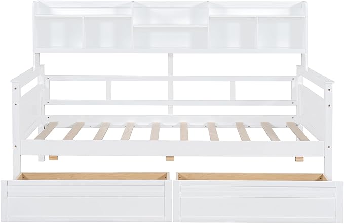 Harper & Bright Designs Twin Daybed with Storage, Wooden Twin Size Bed Frame with Bookcase Headboard and 2 Drawers, Twin Sofa Bed with Shelves for Living Room Bedroom, No Box Spring Need, White