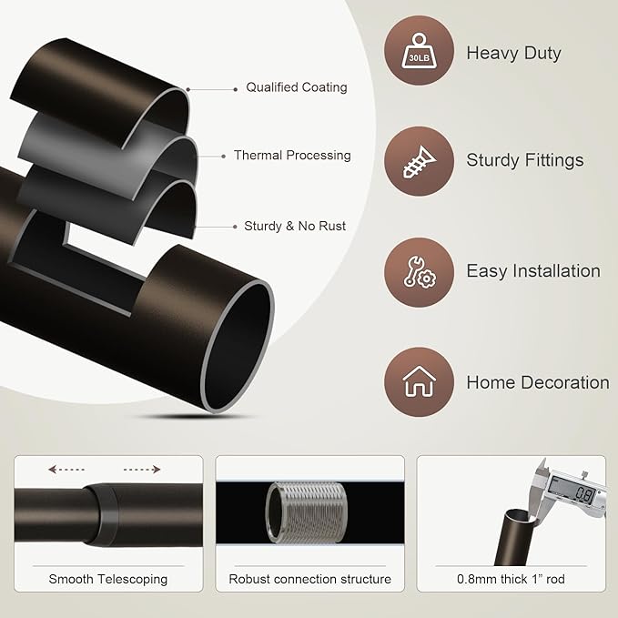 2 Pack Modern Brown Curtain Rods Set for Windows 72 to 144 Inches Adjustable Length Heavy Duty 1" Diameter Window Curtain Rod with Decorative Finials for Outdoor Bedroom Kitchen Living Room