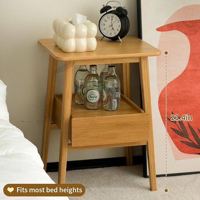 Night Stand with Drawer, Mid Century Modern Nightstand, Bedside Tables with Open Storage Shelf,Large Storage End Table, Bamboo Night Stands for Bedrooms