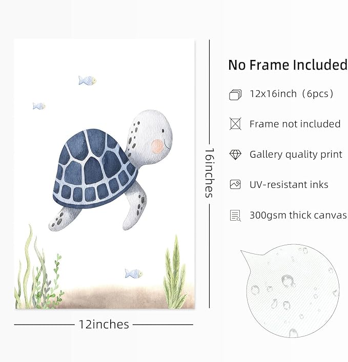 Wodkwq Nursery Wall Art Sea Animal Canvas Prints Baby Girl Boy Room Decor Watercolor Paintings Pictures Cute Ocean Theme Toddler Room Decoration Set of 6 for Kids Bedroom Bathroom 12x16in Unframed