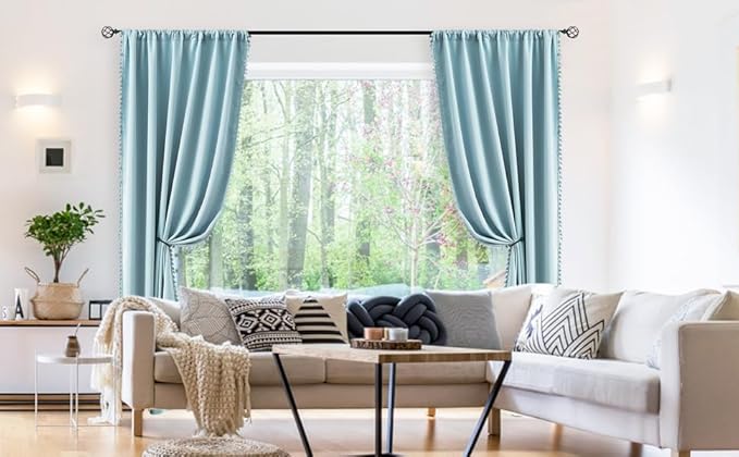 Treatmentex Pom-Pom Blue Curtains Living Room 90 inches Energy Efficient Thermal Insulated Room Darkening Curtain Panels for Bedroom Window Draperies Nursery Room Children 52" w x2 Panels Rod Pocket