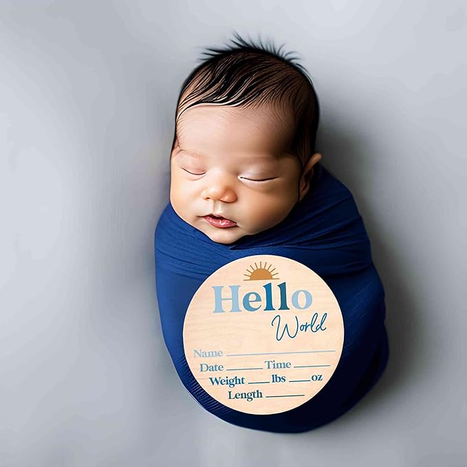 Hello World Newborn Sign - Baby Name Birth Announcement Plaque for Hospital - Photo Prop - Nursery Decor - Shower Gift