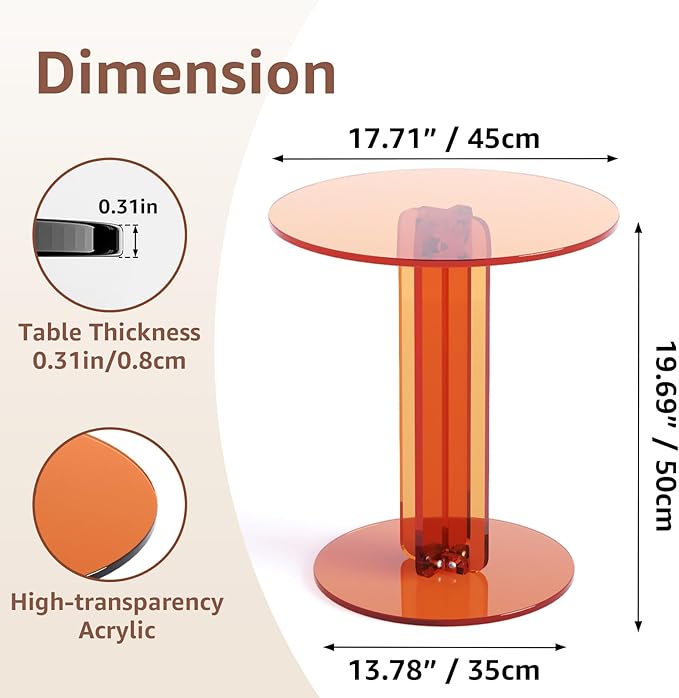 Round Acrylic Side Table, Modern Accent End Table, Minimalist Bedside Night Stand, Small Coffee Tables for Living Room Office Bedroom Indoor Home Decor, Orange
