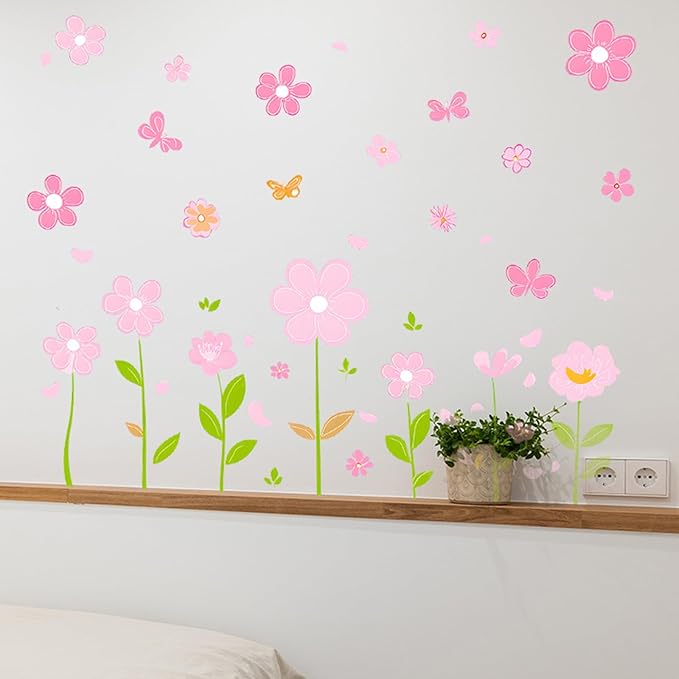 Pink Flower Wall Decals Butterfly Daisy Wall Stickers Floral Decor for Girls Bedroom Living Room Bedroom Wall Decor