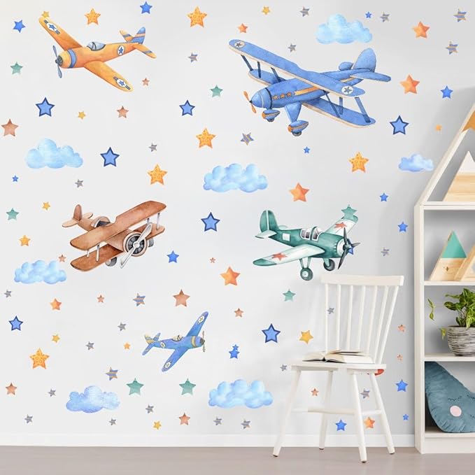 Watercolor Airplane Wall Decals, Classic Aircraft with Stars Clouds Vinyl Wall Stickers,Removable Vintage Airplane Artwork for Kids Boys Bedroom Kindergarten Playroom Decor