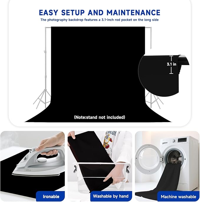 YSKE-Y1 10x10ft Black Photo Backdrop, Seamless Fabric Background Photography Backdrop Curtain Screen for Photoshoot Video Studio Party