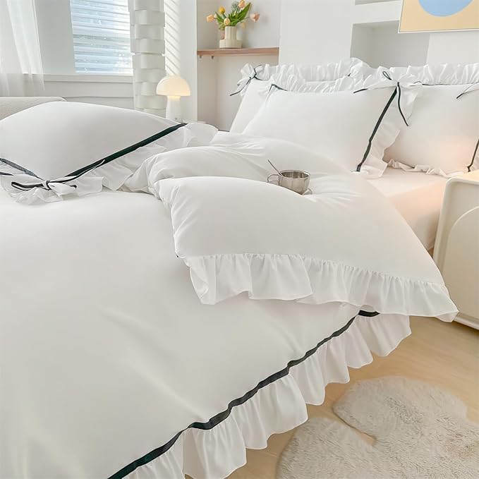 Ruffled Bedding Bow Duvet Cover Set with Butterfly Tie, Soft Brushed Microfiber Shabby Chic Bedding Set with Zipper Closure for Kids Girls-White,Full