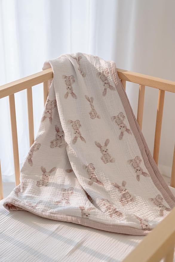 Little Jump 2 Layers Muslin Cotton Baby Blankets - Bunny Toddler Quilt Crib Blanket - Gender Neutral Crib Blanket for Baby Boys and Girls 47"x 47" (Bunny)