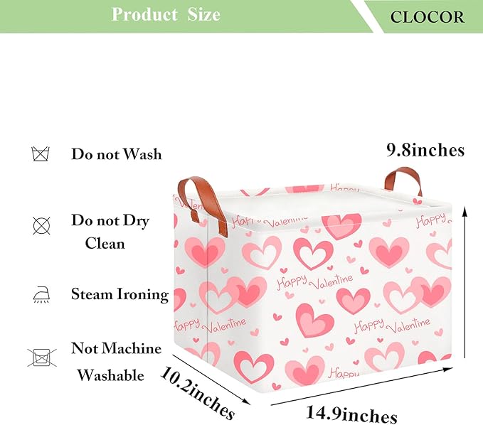 CLOCOR Rectangular Pink Valentines' Gift Basket Collapsible Cute Pattern Storage Bin,Waterproof Books Box with Handles,Storage Basket(Pink Happy Valentine)