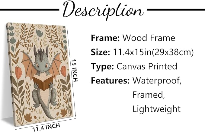 Vintage Dragon Painting Nursery Decor Book Lovers Gifts Bookish Wall Decor Canvas Wall Art Framed Prints Artwork Painting for Boys Girls Room Decor Rustic Cottage Bookworm Decorations11.5X14.5 Inch