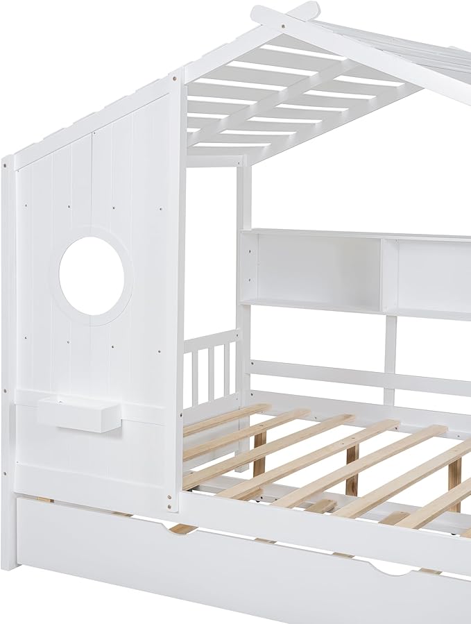 Bellemave Full Size House Bed Frame with Trundle for Kids,Full Kids Bed Frame with Bookshelves,Solid Wood House Bed for Girls,Boys,Can be Decorated,White