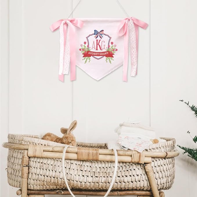Embroidered Baby Name Sign with Bows Personalized Baby Announcement Sign Newborn Baby Banner Baby Hospital Name Sign Canvas Hanging Pennant Flag Custom Infant Baby Name Baby Shower Banner (15)