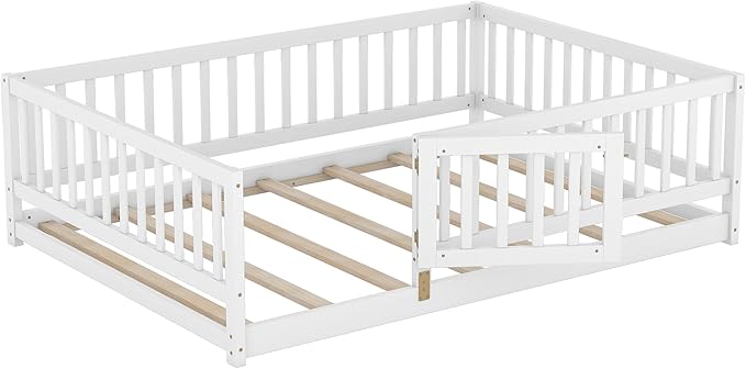 Full Size Floor Bed Frame with Door and Slats,Montessori Floor Bed with Safety Guardrails for Girls Boys,Solid Wood Kids Montessori Bed Full Size,White