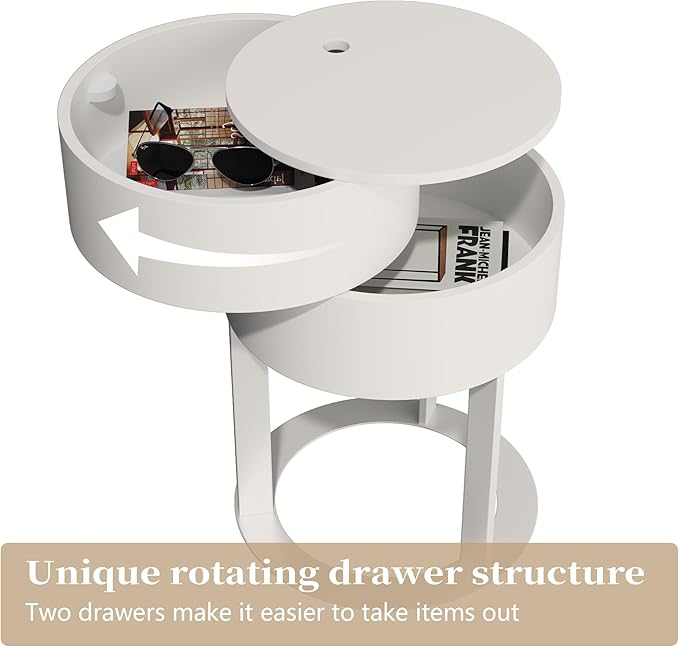 Round Side Table with Hidden Storage Drawers, Modern Nightstand with Swivel Drawer, Minimalist Bedside Table for Bedroom, Living Room, White