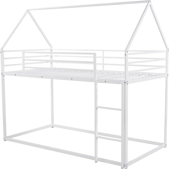 MERITLINE Metal Bunk Bed Twin Over Twin Size House Shaped Bunk Bed Frame Low Bunk Beds for Kids and Toddlers, Twin Size