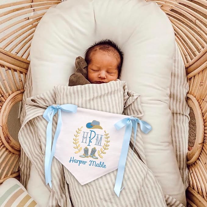 Embroidered Baby Name Sign Personalized Baby Announcement Sign Newborn Baby Banner with Bows Baby Hospital Name Sign Canvas Hanging Pennant Flag Custom Infant Baby Name Baby Shower Banner (11)