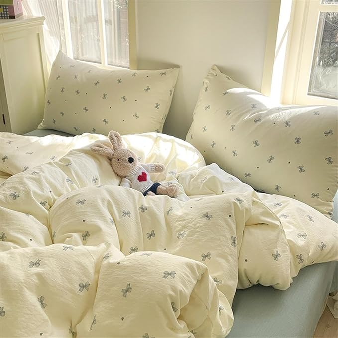 Bow Bedding Set Queen Size Blue Bowknot Duvet Cover with Heart Printed 3 Pcs Kids Boys Girls Princess Style Cute Bows Reversible Duvet Cover Set with Zipper Closure