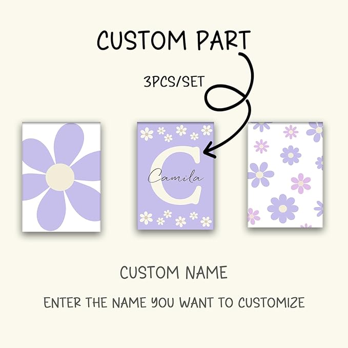 Personalized Girls Nursery Wall Art – Custom Name Purple Daisy 3pc Unframed Canvas Print for Girls Room, Baby Nursery, Kids Wall Decor, Initial Wall Art, Birthday or Holiday Gift (19.7×29.5inch)