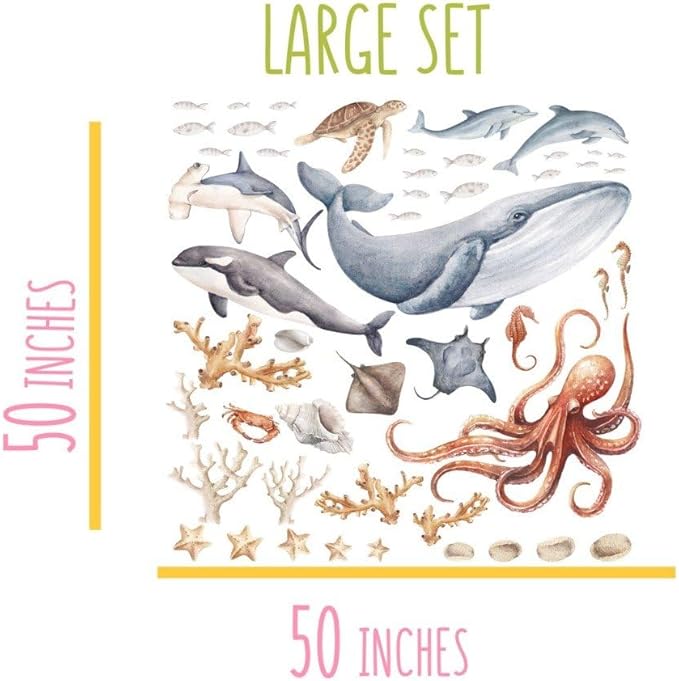 Ocean Wall Stickers & Shark Decals – Fish Stickers and Ocean Wall Stickers for Nursery Baby Kids Bedroom Bathroom, Large Set (50″ W × 50″ H) 50 Pcs